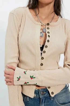 Free People Daria Cuff Cardi- Size Large thumbnail 1