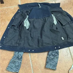 Free People Black Distressed Denim‎ Jacket with Knit Sleeves size M thumbnail 6
