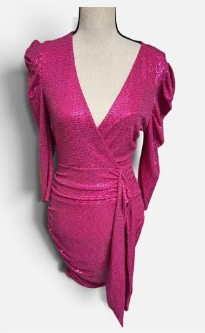 GIBI LI V-Neck 3/4 Puff Sleeve Sash Sequin Fushia Min... thumbnail 1