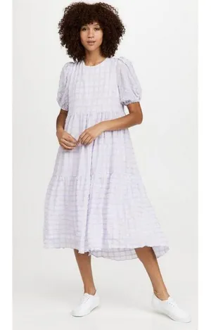 💕ENGLISH FACTORY💕 Tiered Gingham Seersucker Maxi Dress ~ Lavender Medium M NWT thumbnail 4