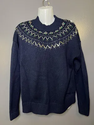Talbots Sweater Womens Large Blue Mock Neck Beaded Jewel Yoke Knit Pullover thumbnail 1
