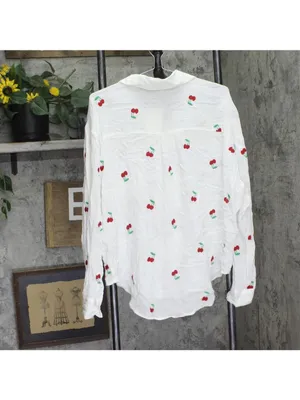 NWT Miken Cherry Embroidered Button-Down Cover-Up Shirt I2992PUXH White Multi L thumbnail 6