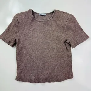 Zara‎ Brown Knit Shoulder Pads Top Size Large thumbnail 2