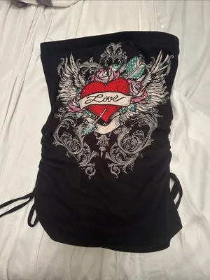 Amazing 😍🔥 y2k style Black Strapless Tube Top with Winged Heart Graphic thumbnail 1