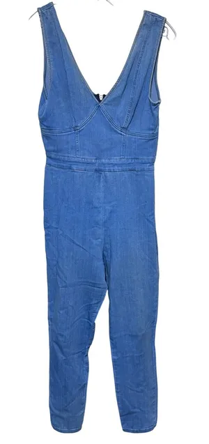 Blashe Denim Jumper Stretch Jumpsuit Blue V-Neck Back Zip Womens Large thumbnail 1