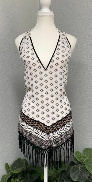 White House Black Market Geometric Halter Top Fringe Tassel White Black Brown thumbnail 1