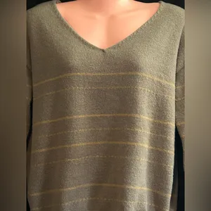 SHEIN Women's V-Neck Striped Knit Sweater Brown & Yellow SZ MD thumbnail 3