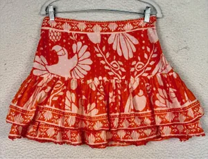 FARM RIO Medium Orange White Cotton Tiered Ruffle Mini Skirt Aztec Boho Festival thumbnail 1