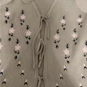Tie-Front Embroidered Ribbed Cardigan - Sage Green thumbnail 3