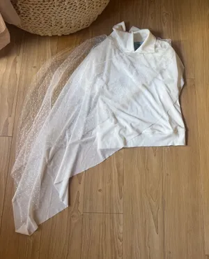Women's White Cowl Neck Sweater with Swiss Dot Tulle Overlay thumbnail 1