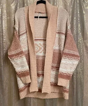 Free People Cozy Cabin Chunky Knit Boho Ivory Peach Cardigan Sweater Oversized X thumbnail 1
