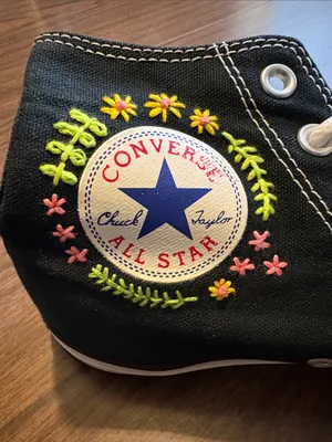 Converse Men 7 Women 9 Black High Top Sneakers Pink & Yellow Floral Embroidery thumbnail 7