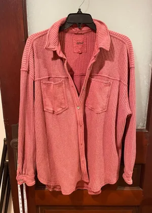 aerie Waffle Button-Down Shirt Jacket - Dusty Rose Pink thumbnail 1