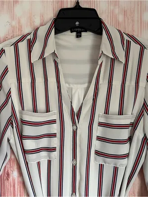 Express Outlet White Convertible Sleeve Red Striped Long Sleeve Shirt Dress Sz S thumbnail 5