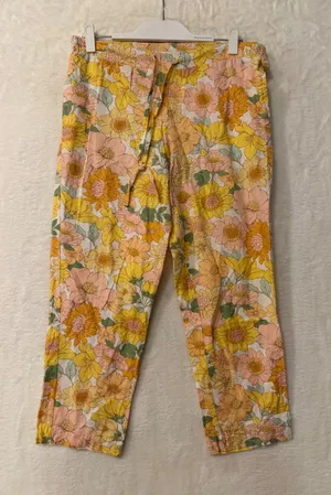 Insense Floral Linen Blend Pants Womens 26 Yellow Pink Retro Drawstring Straight thumbnail 1