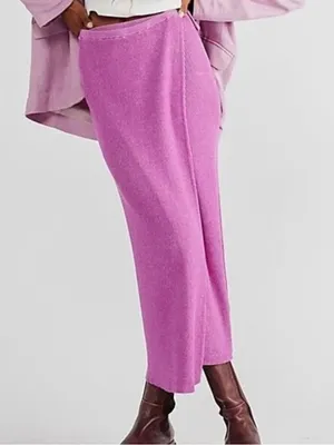 Free People Borderline Knit Wrap Midi Skirt Pink Ribbed Side Tie Slit Large NWOT thumbnail 2