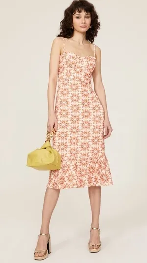 Slate & Willow Printed Ruffle Hem Cream Orange Midi Dress Formal Wedding Guest thumbnail 1