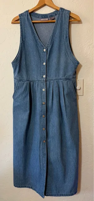 Vtg Premier Denim Jumper Dress M Button Front 90s Cottagecore Pinafore Maxi Jean thumbnail 1
