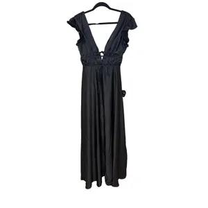 Lulus NWT I'm‎ All Yours Black Satin Cutout Ruffled Maxi Dress Size Small thumbnail 2