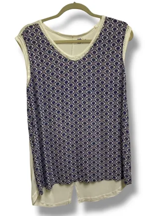 Route 66 Tank Top XL Blue White Boho‎ Print Sleeveless Back Slit Hem Tile Print thumbnail 1