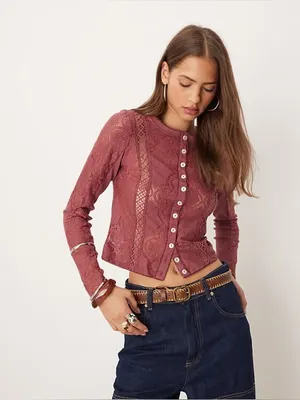 FREE PEOPLE Jae Knit Sheer Lace Long Sleeve Top Cardigan Cropped Y2K Boho XS thumbnail 14