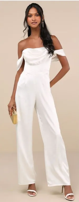 Lulus Unbelievable Aura White Satin Off-the-Shoulder Jumpsuit Size Large Bridal thumbnail 1