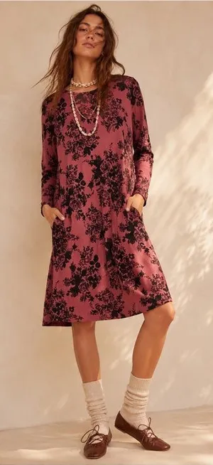 Free People Floral Midi Dress Pink Black Long Sleeve Boho Size Medium thumbnail 1