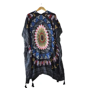 Woven Heart Kaftan Women Large Black Excellent Mandala Print Tassel Hem Festival thumbnail 2