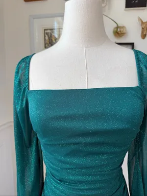 Vintage Y2K Jump Apparel Green Glitter Ruched Long Sleeve Mini Dress XS thumbnail 3