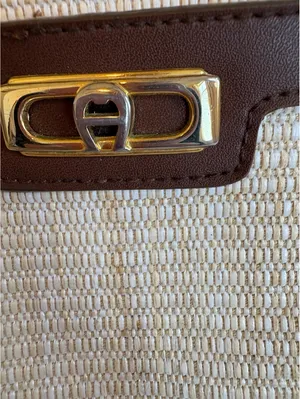 Etienne Aigner Beige Woven Shoulder Bag with Brown Leather Trim and Gold-tone Cl thumbnail 3