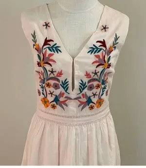 Anthropologie X Laila Cream V-Neck Sleeveless A-Line Sundress embroidered floral thumbnail 5