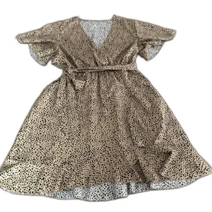 SHEIN Size M Tan Black Spotted Wrap Dress Ruffle Flutter Sleeve Belted Leopard thumbnail 1