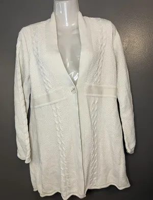 Lizwear Cardigan Sweater Womens Medium White Cable Knit Open Front Shawl Collar thumbnail 2