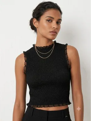 Zara Black‎ Smocked Sleeveless Ruffle Trim Crop Top thumbnail 1