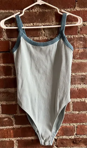 Everlane Pale Blue Ribbed Bodysuit with Slate Blue Trim Organic Cotton Sz Small thumbnail 1