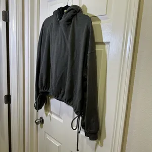 American Eagle Hooded Sweatshirt Sz XXL Cropped Drawstring Hem Gray Sherpa Hood thumbnail 3