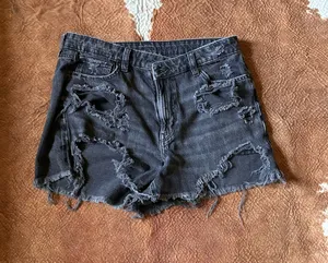 Womens Black Distressed Denim High Waisted Shorts American Eagle mom shorts Size 10 Button is sideways for a different look thumbnail 1