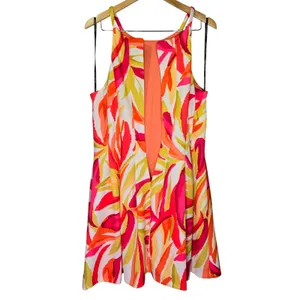 Vince Camuto Womens Pink Orange Abstract‎ Leaf Print Halter Dress Size 16 thumbnail 3
