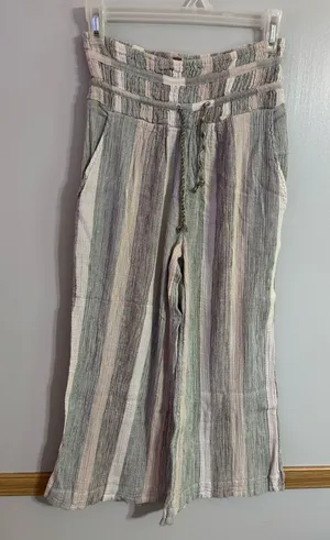 Free People Cotton Striped Wide Leg Pants in Pastel Green, Black & Cream Size XS thumbnail 1