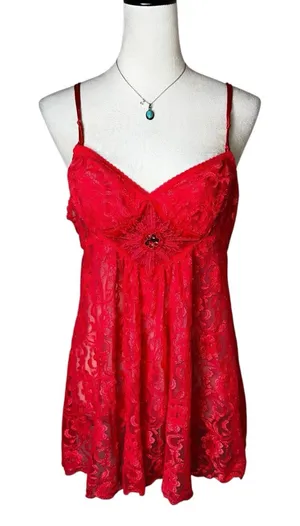 Vintage‎ Y2K Red Lace Sequin Babydoll Tank Lingerie Sheer Slip Chemise Large thumbnail 1