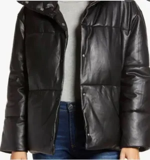Faux Leather black Puffer Jacket thumbnail 2