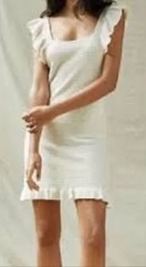Anthropologie Ivory Ruffle‎ Knit Mini Dress Square Neck Cream Small NEW $130 thumbnail 1
