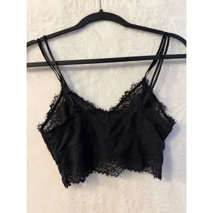 Aerie Black Lace Bralette Womens Small Ribbed Eyelash Trim Longline Crop Top thumbnail 4