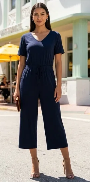 Women's Short Sleeve Blue Jumpsuit Size Medium thumbnail 1