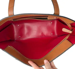 Faux Leather Brown Double Handle Red Lined Tote Bag Purse thumbnail 11