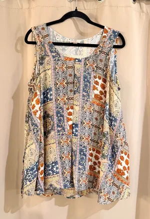 Roz & Ali Patchwork Print Tank Top - Blue & Cream thumbnail 1
