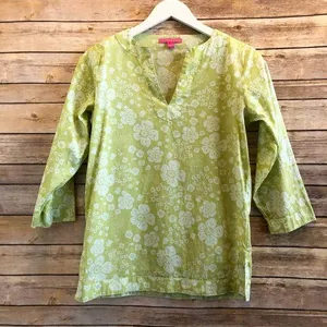 Peter Millar Green Floral V-Neck 3/4 Sleeve Top Size Small thumbnail 1