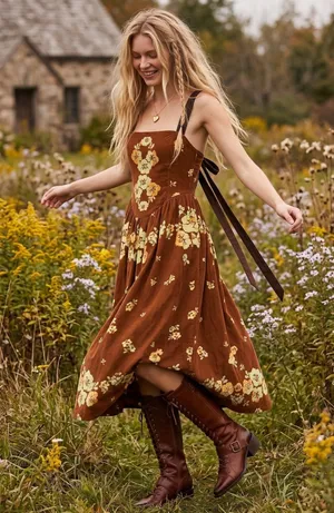 Free People Dainty Cottage Micro Corduroy Until Dawn Midi Dress Brown XL thumbnail 1