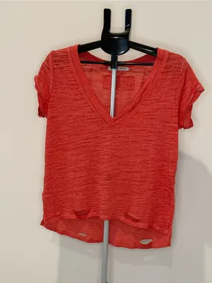 We The Free Free People Distressed V-Neck Tee Coral Red XS thumbnail 2