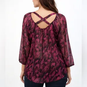 Express feather Blouse top MEDIUM magenta pink 3/4 Sleeve Criss Cross back thumbnail 2